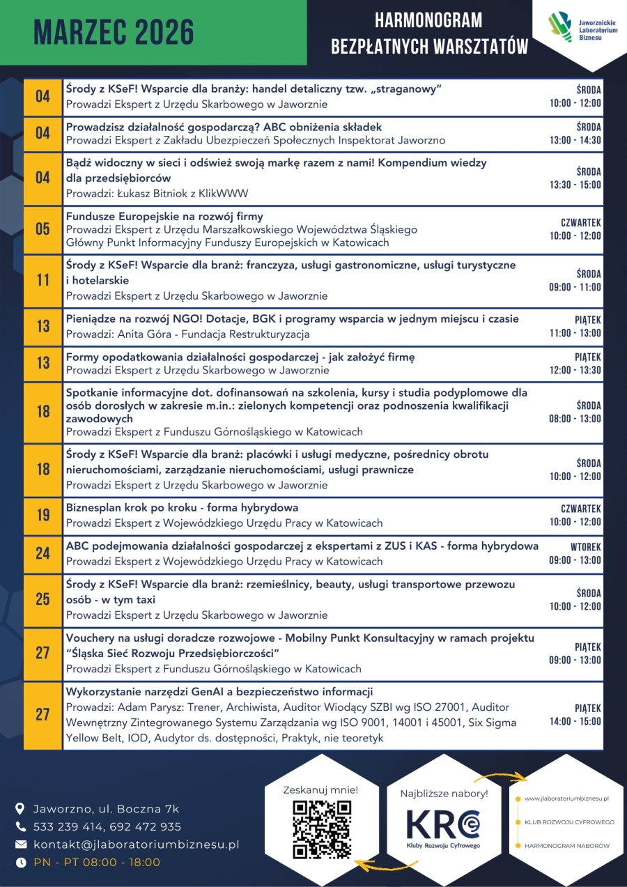 Harmonogram bezpłatnych warsztatów marzec 2026