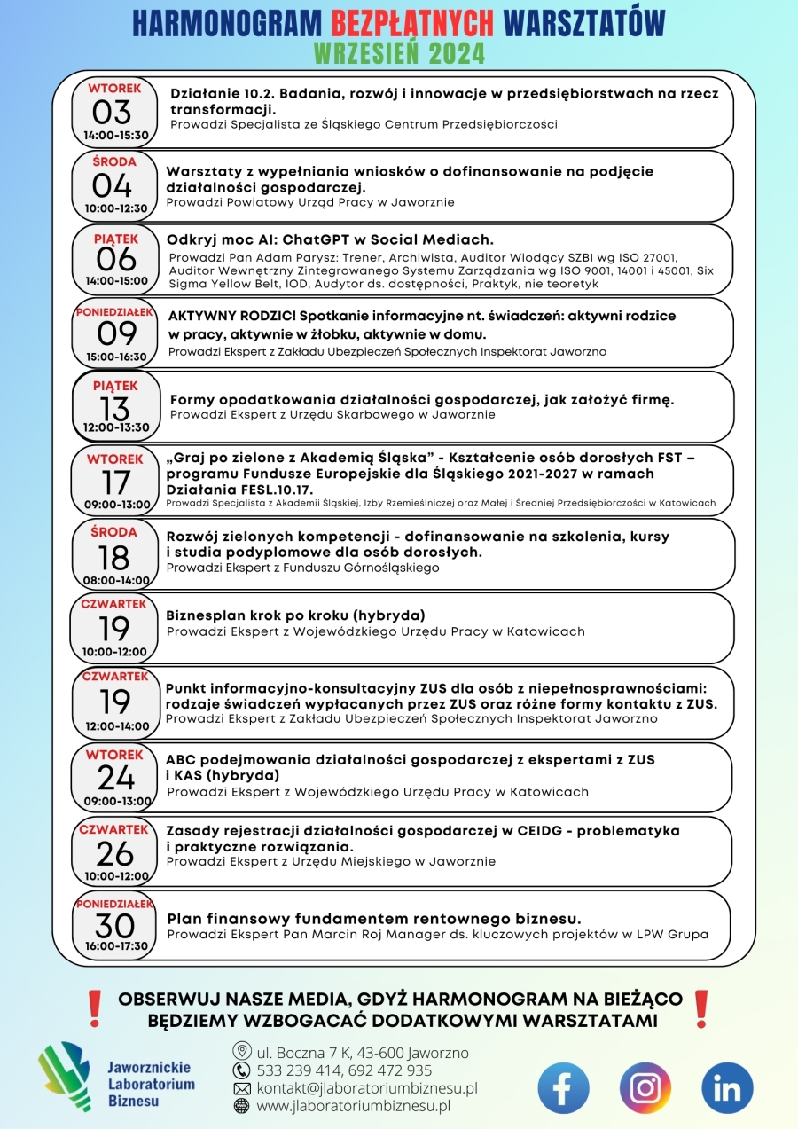 HARMONOGRAM BEZPŁATNYCH WARSZTATÓW WRZESIEŃ 2024