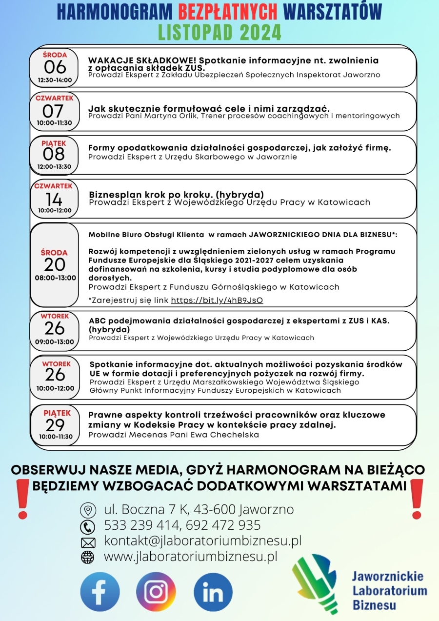 HARMONOGRAM BEZPŁATNYCH WARSZTATÓW    LISTOPAD  2024