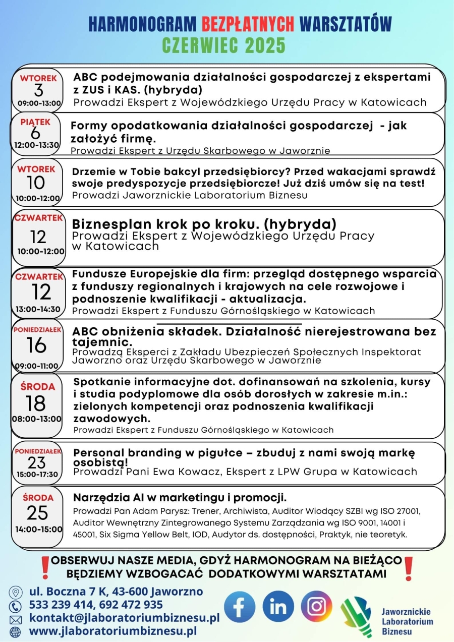 HARMONOGRAM BEZPŁATNYCH WARSZTATÓW CZERWIEC 2025