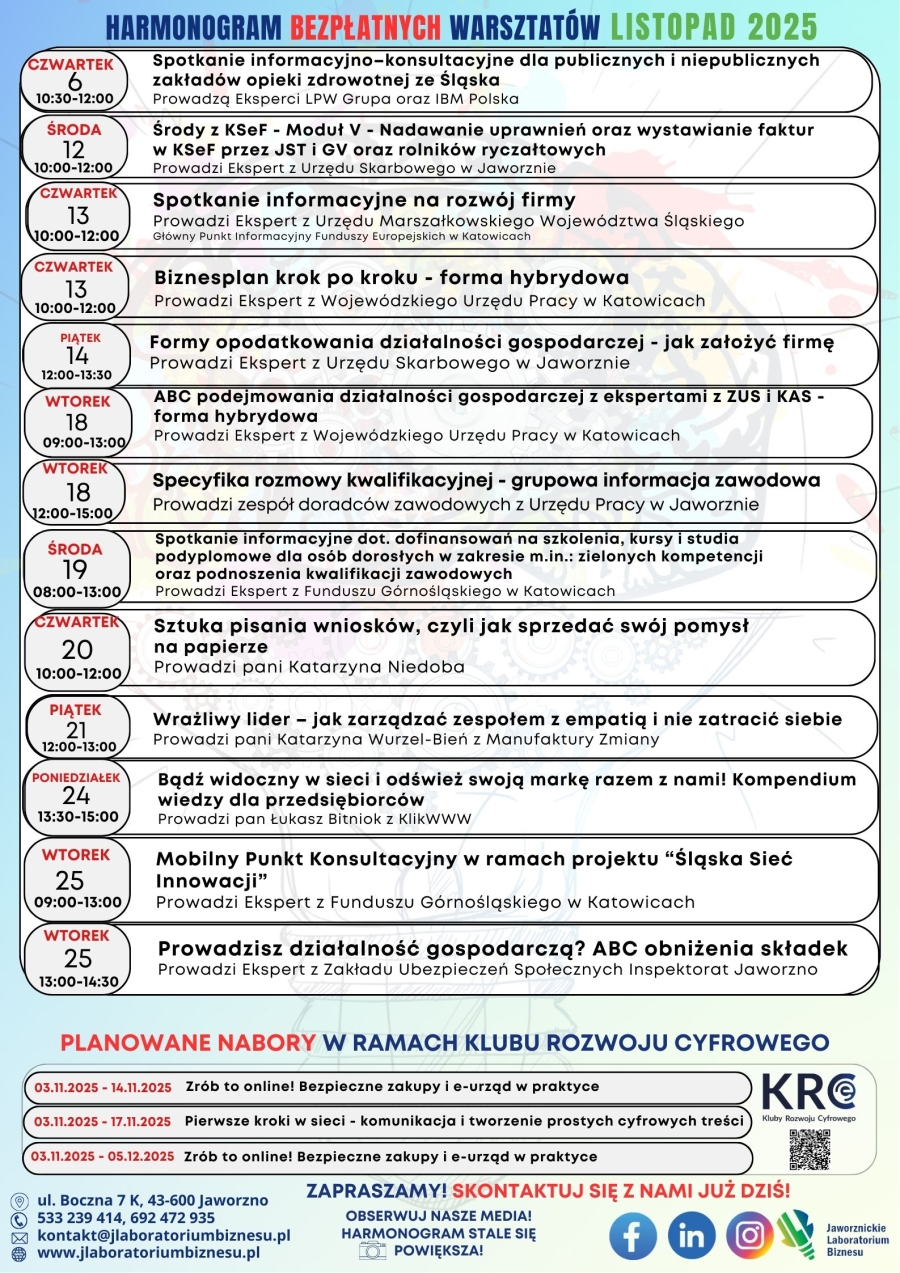 HARMONOGRAM BEZPŁATNYCH WARSZTATÓW LISTOPAD 2025