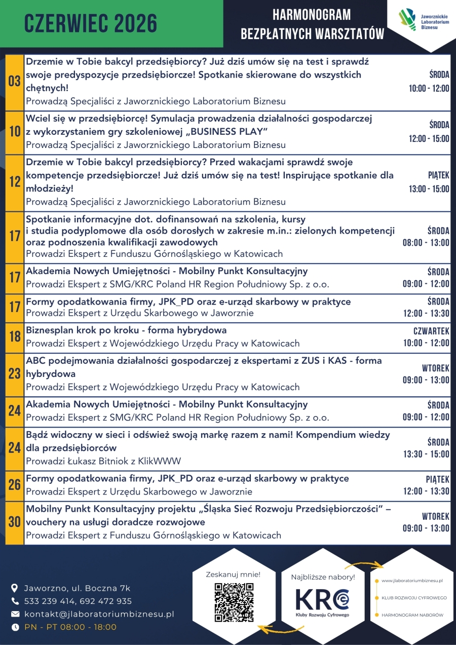 Harmonogram bezpłatnych warsztatów czerwiec 2026