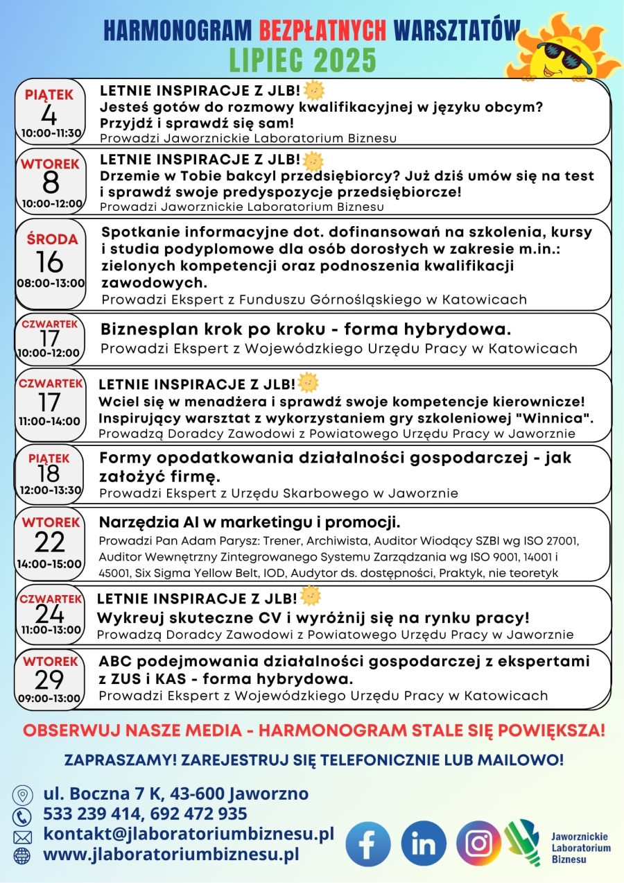 HARMONOGRAM BEZPŁATNYCH WARSZTATÓW LIPIEC 2025