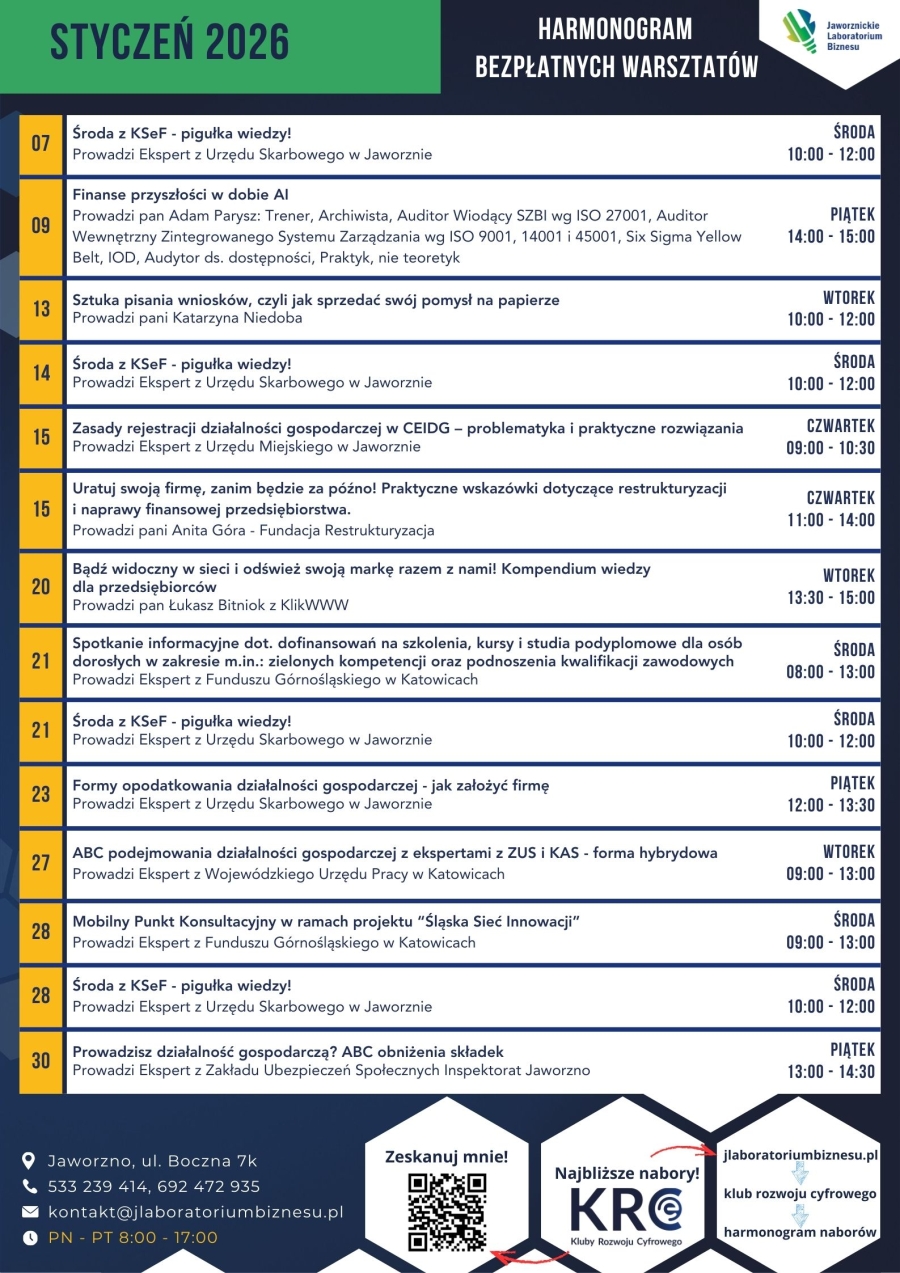 HARMONOGRAM BEZPŁATNYCH WARSZTATÓW STYCZEŃ 2026