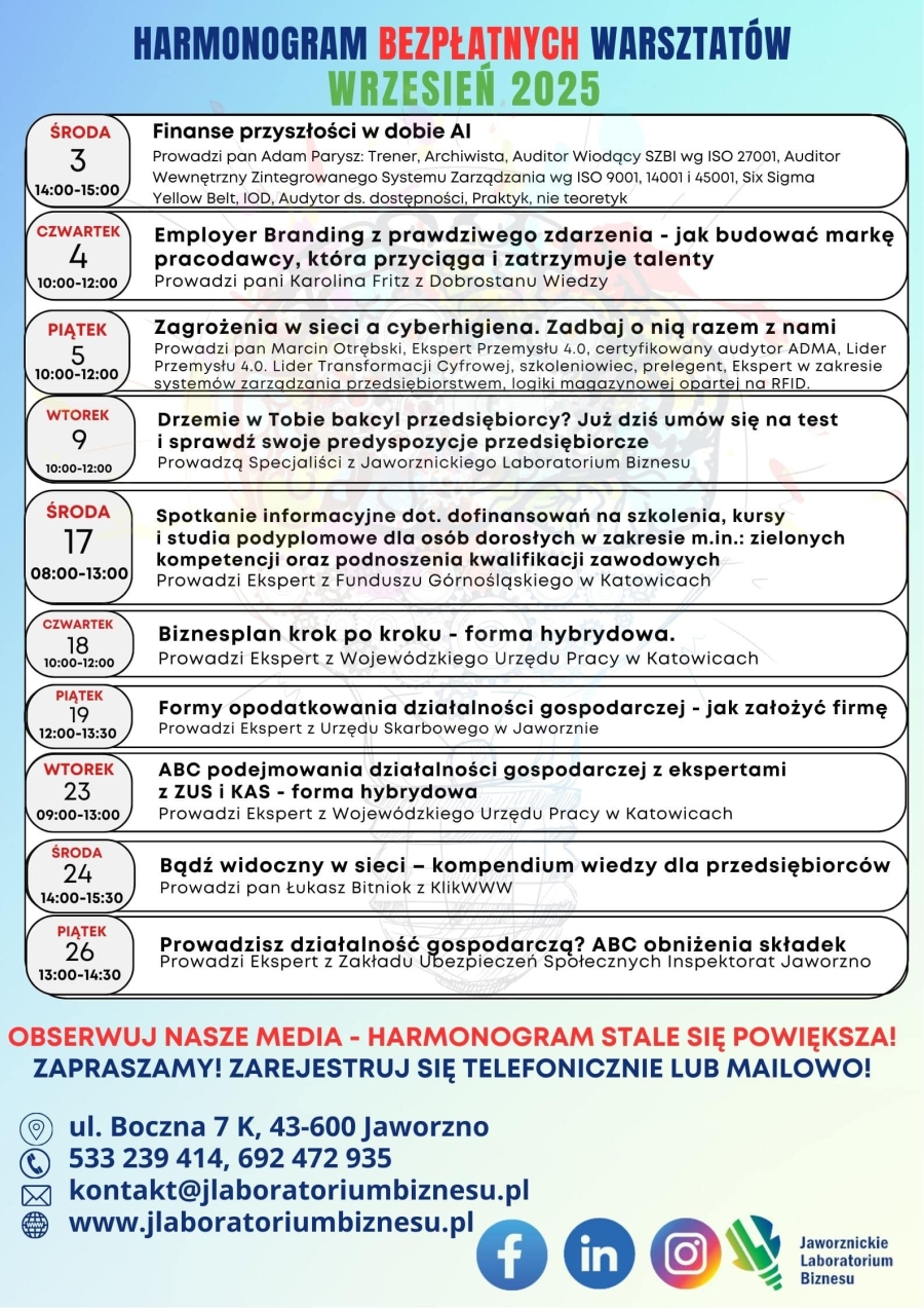 HARMONOGRAM BEZPŁATNYCH WARSZTATÓW WRZESIEŃ 2025
