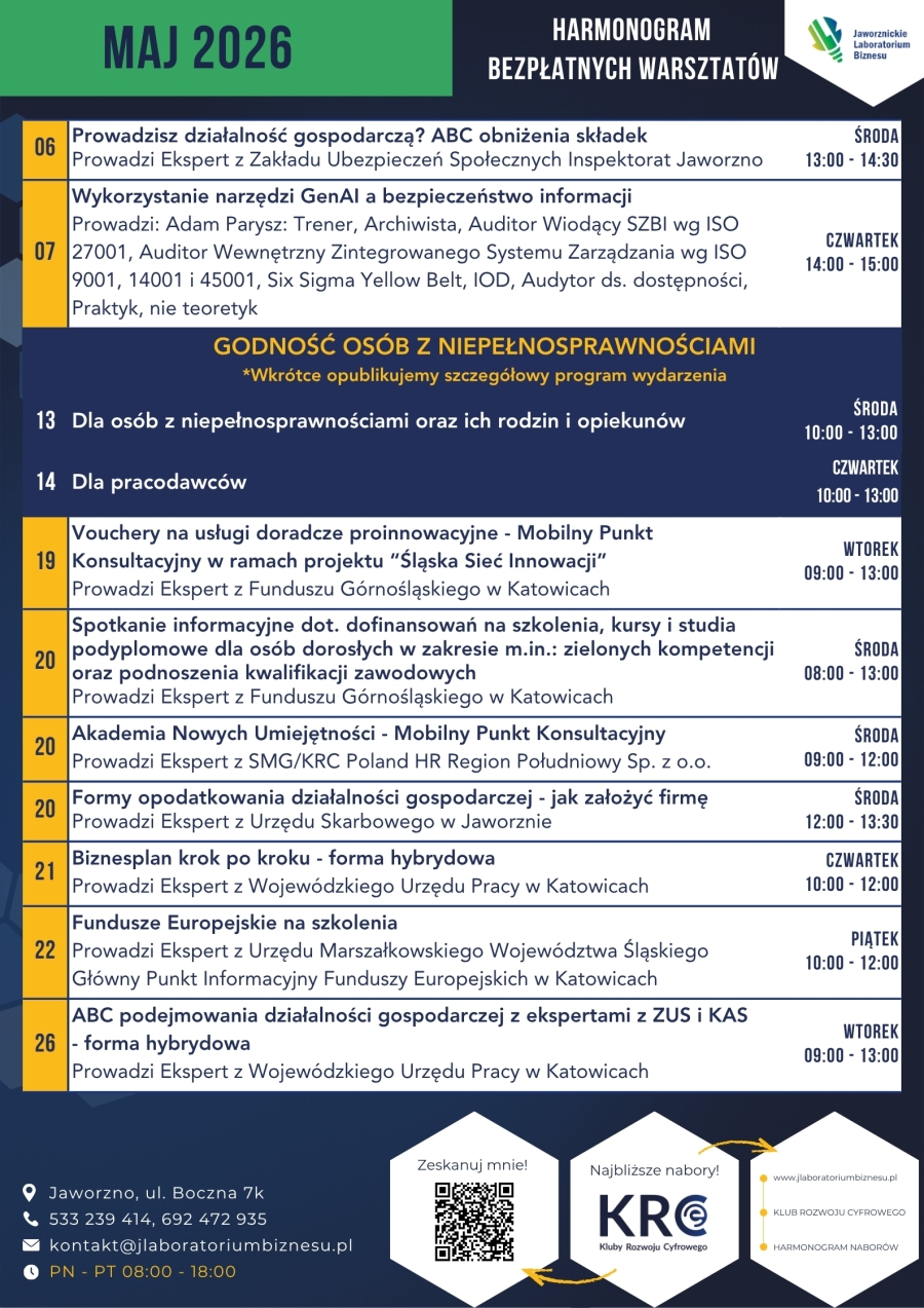Harmonogram bezpłatnych warsztatów maj 2026