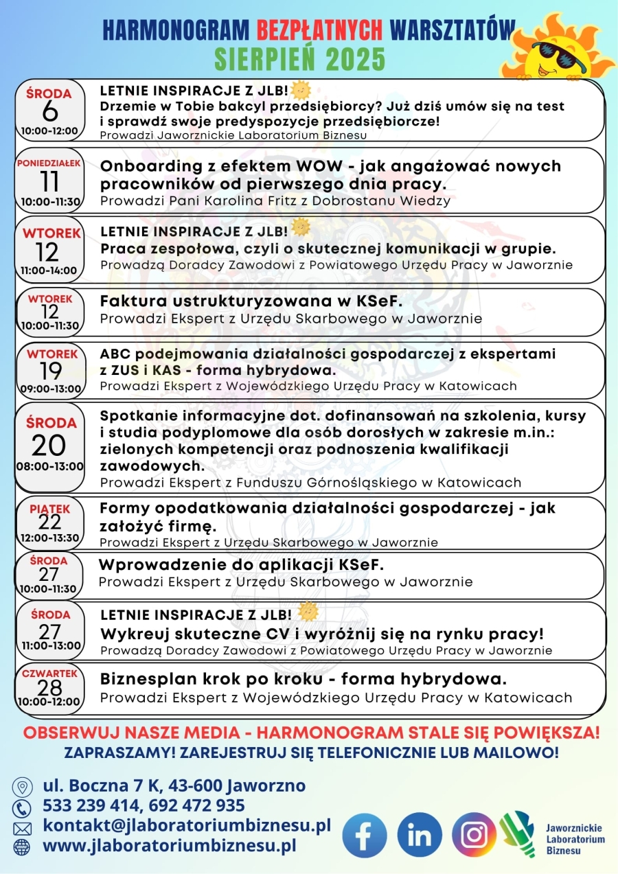 HARMONOGRAM BEZPŁATNYCH WARSZTATÓW SIERPIEŃ 2025