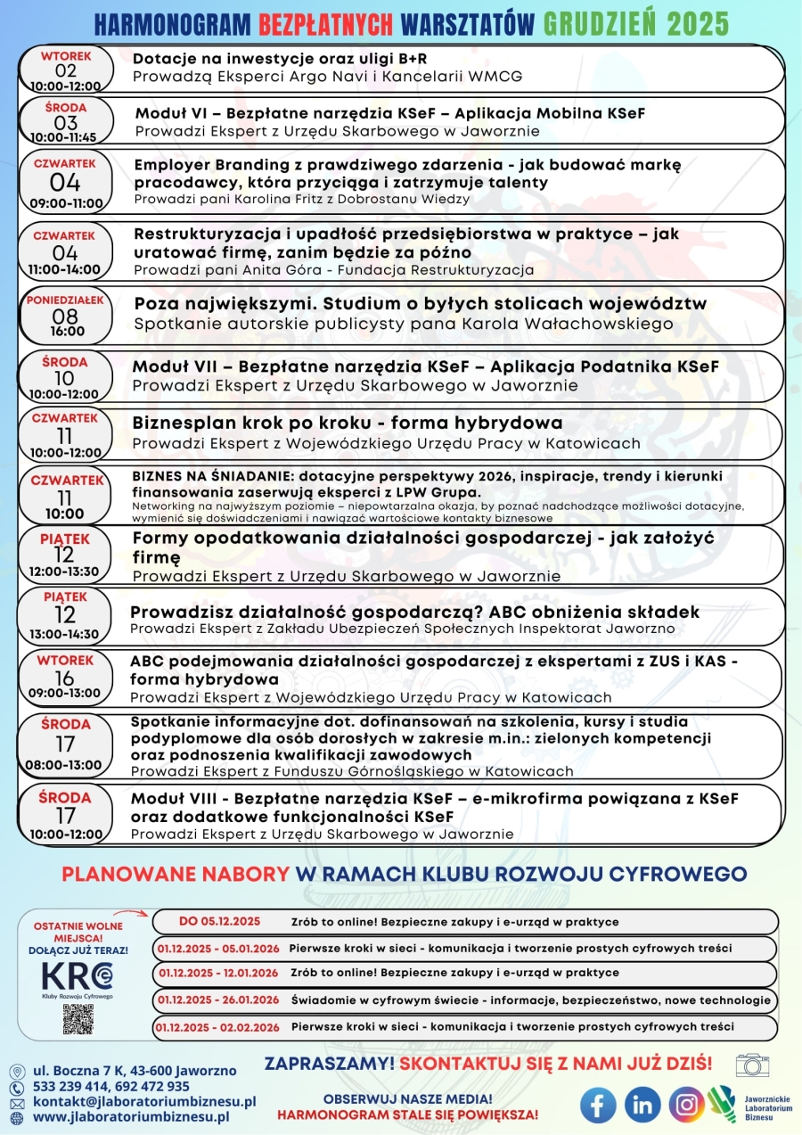 HARMONOGRAM BEZPŁATNYH WARSZTATÓW GRUDZIEŃ 2025