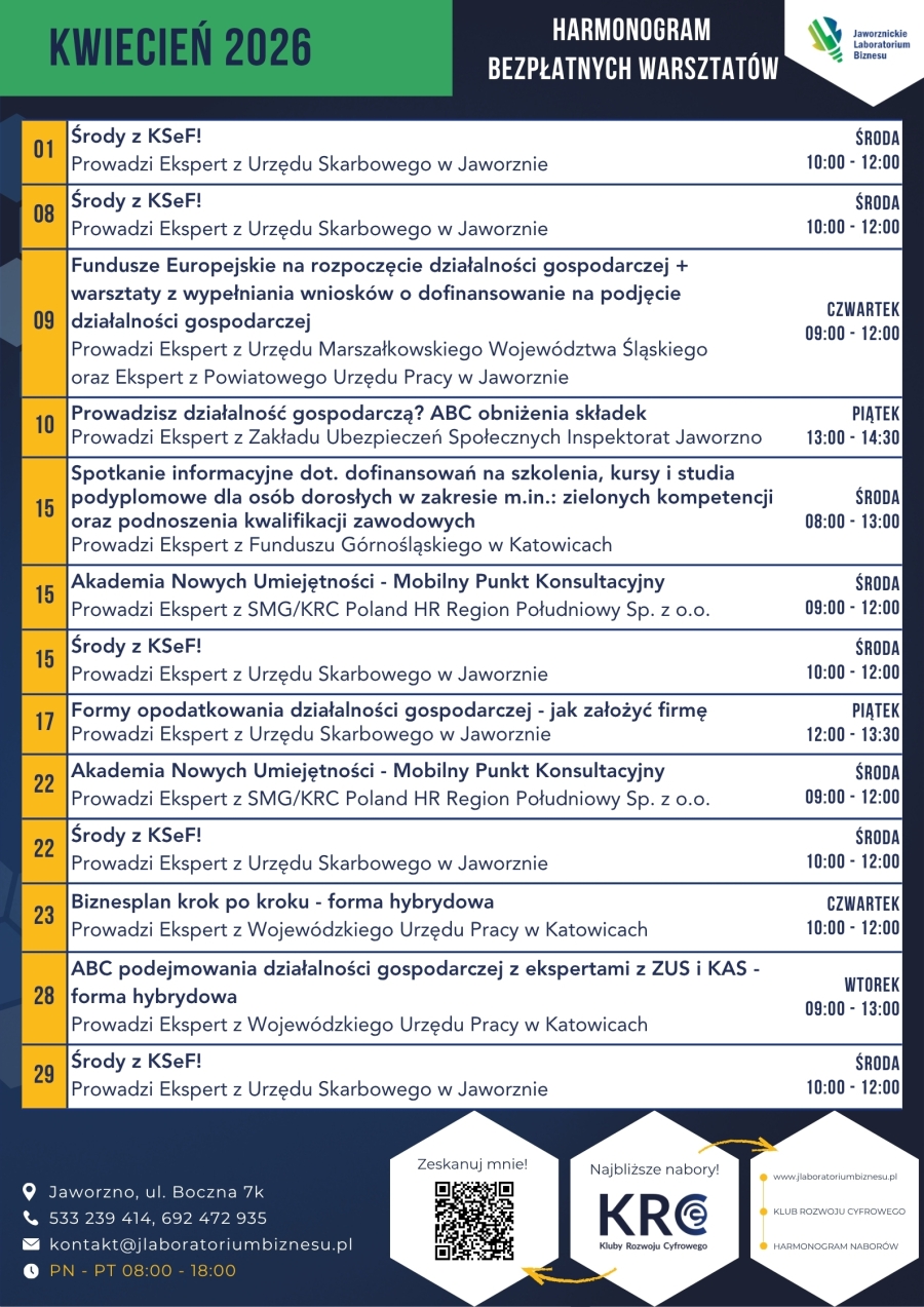 Harmonogram bezpłatnych warsztatów kwiecień 2026