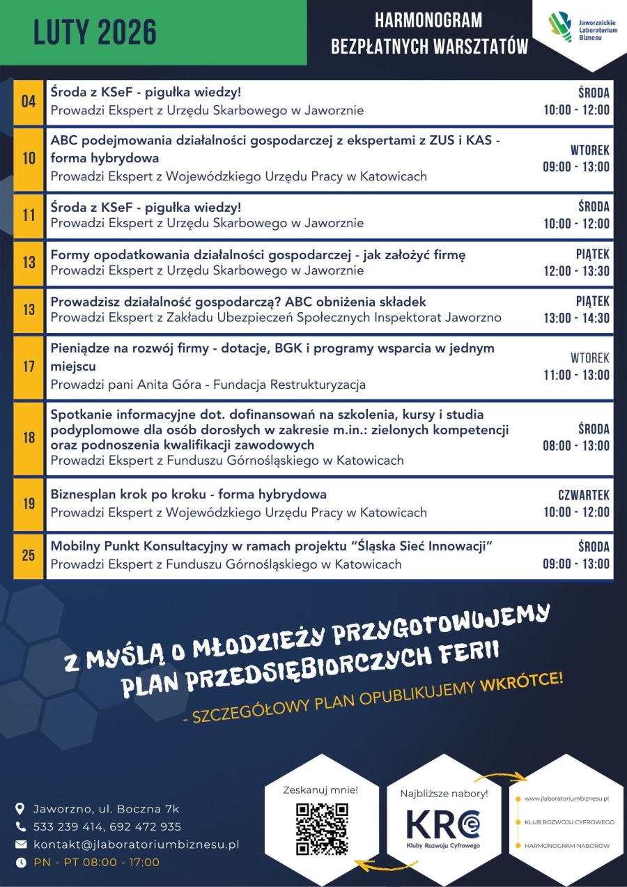 Harmonogram bezpłatnych warsztatów luty 2026